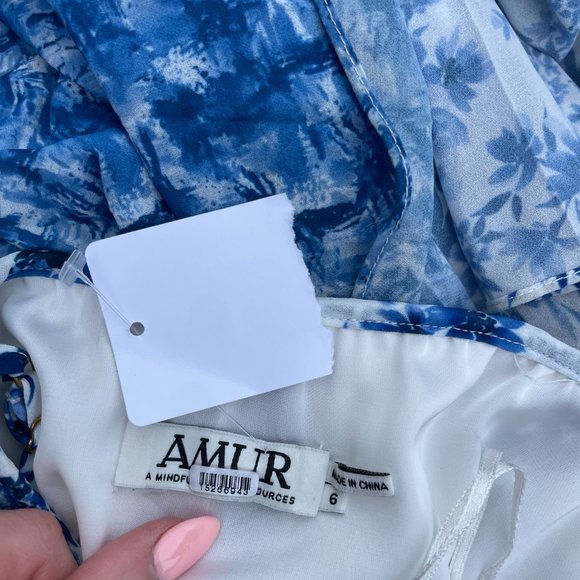 Amur Holland Tie Pleated Chiffon Maxi Spaghetti Strap Dress Blue Floral Print - Picture 4 of 13